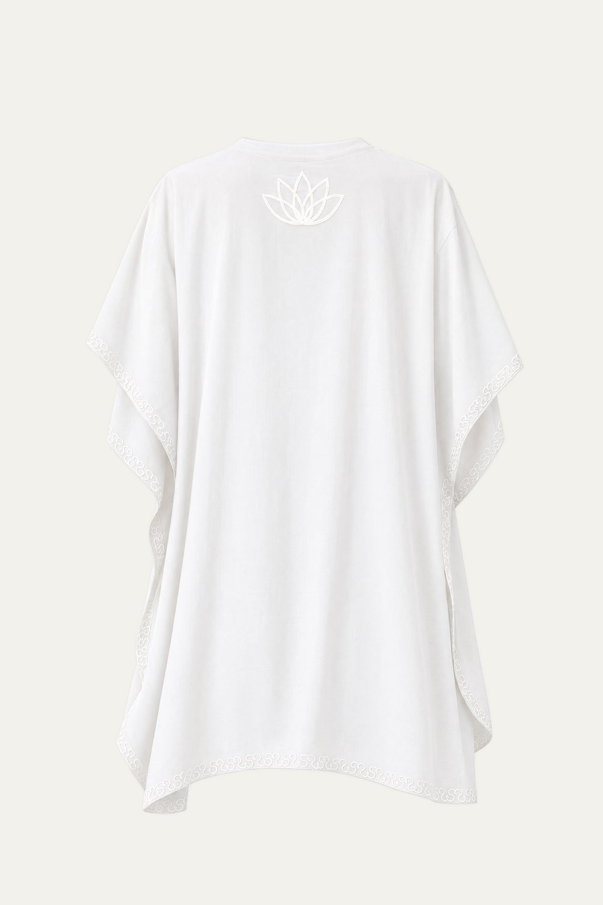 Kashmir cotton tunic in white, back view with tonal white lotus motif