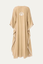 Back of the sand Kashmir cotton kaftan with white lotus emblem