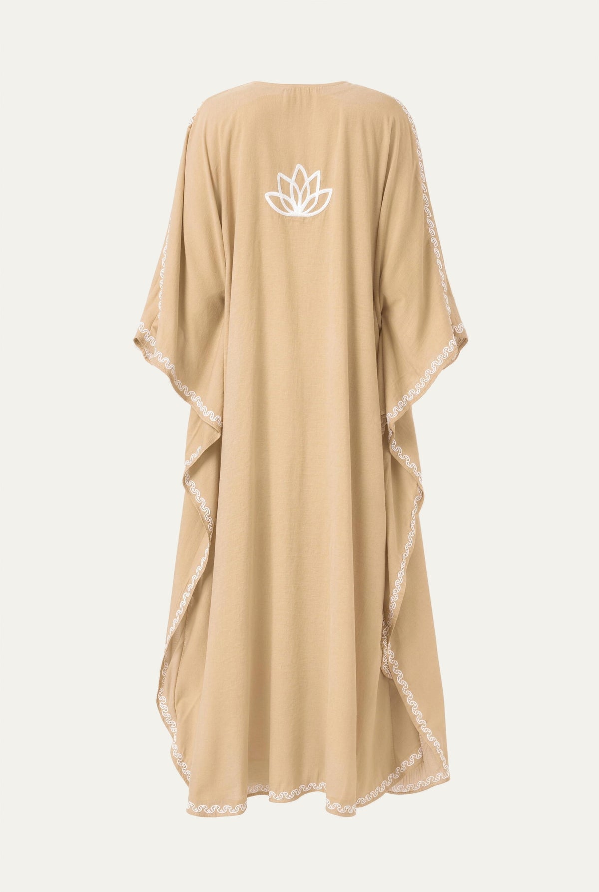 Back of the sand Kashmir cotton kaftan with white lotus emblem