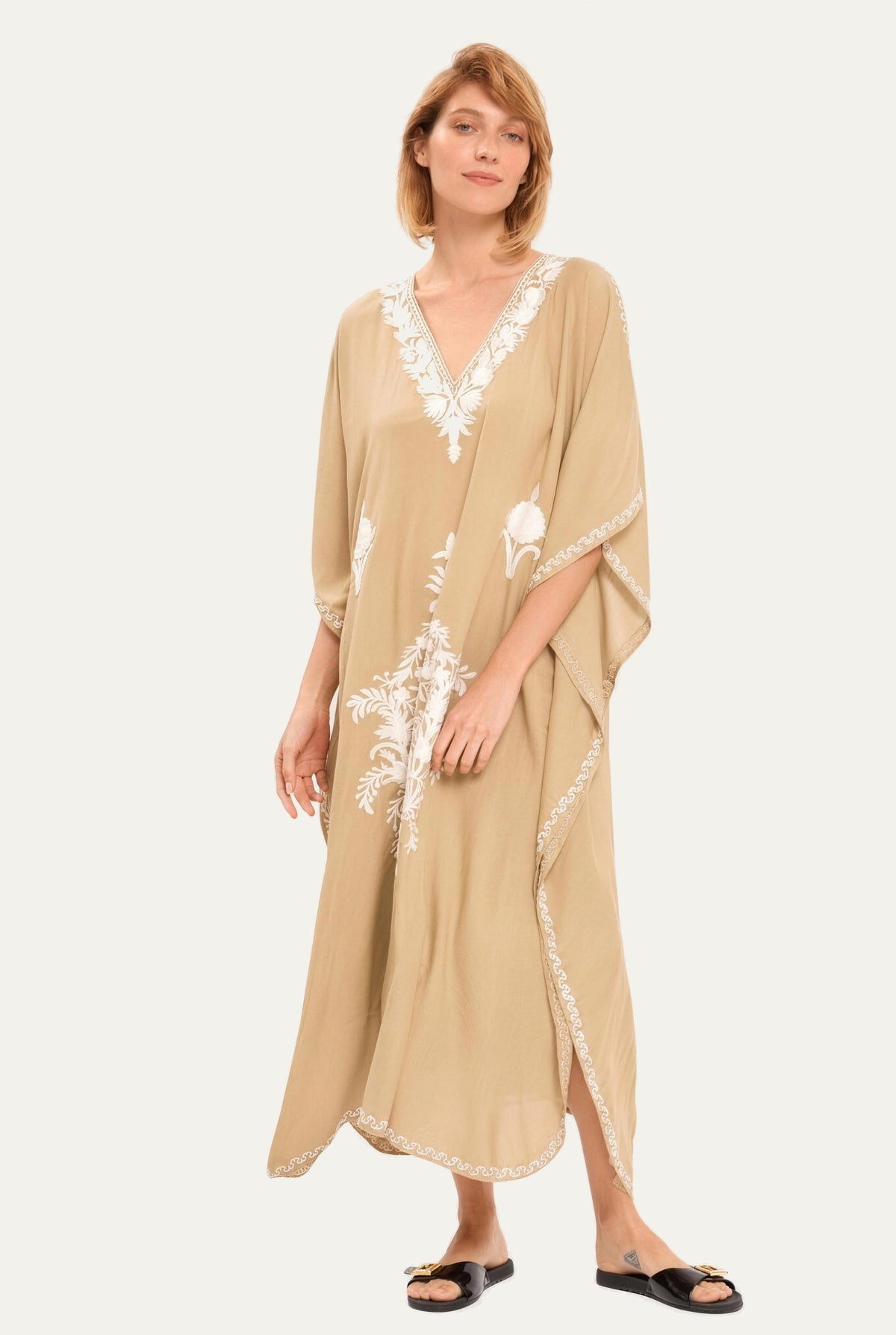 Model wearing the sand Kashmir cotton butterfly kaftan, front view