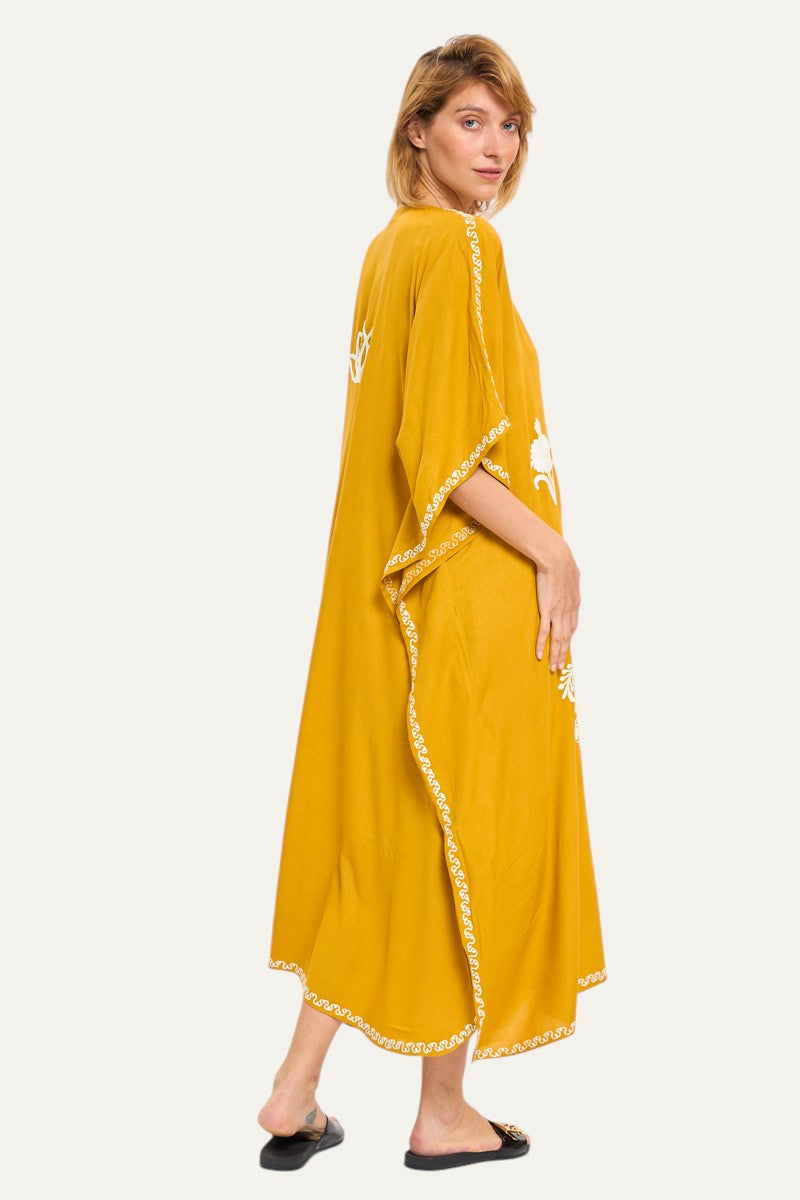 Kashmir Cotton Butterfly Mustard Kaftan