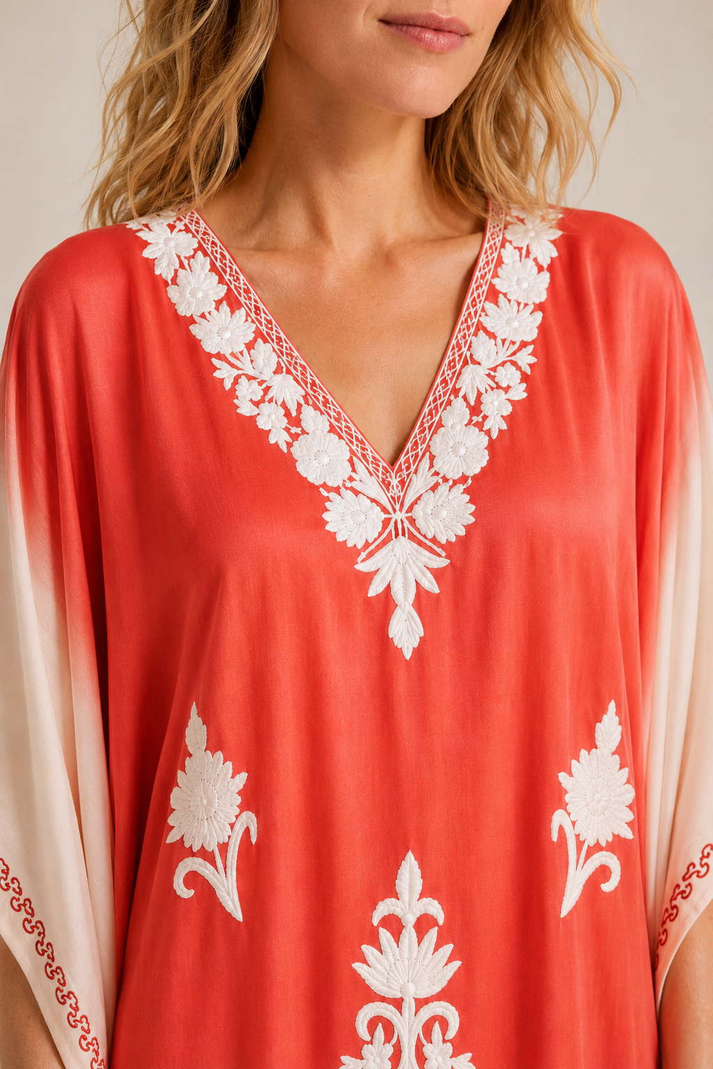 Kashmir Silk Butterfly Coral Kaftan