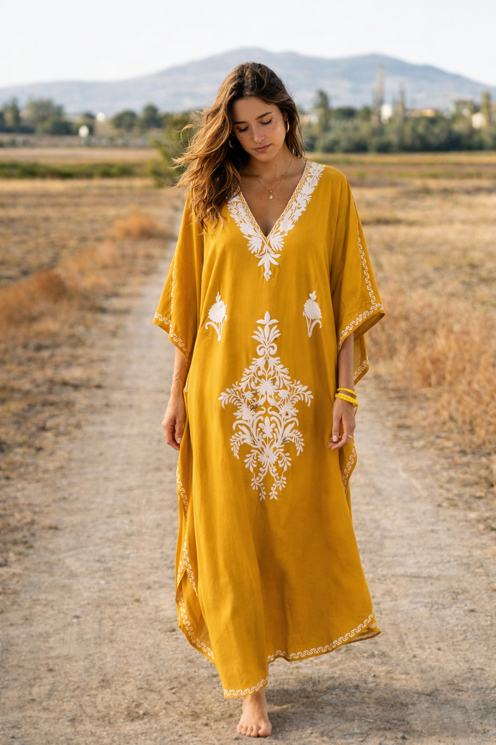 Kashmir Cotton Butterfly Mustard Kaftan