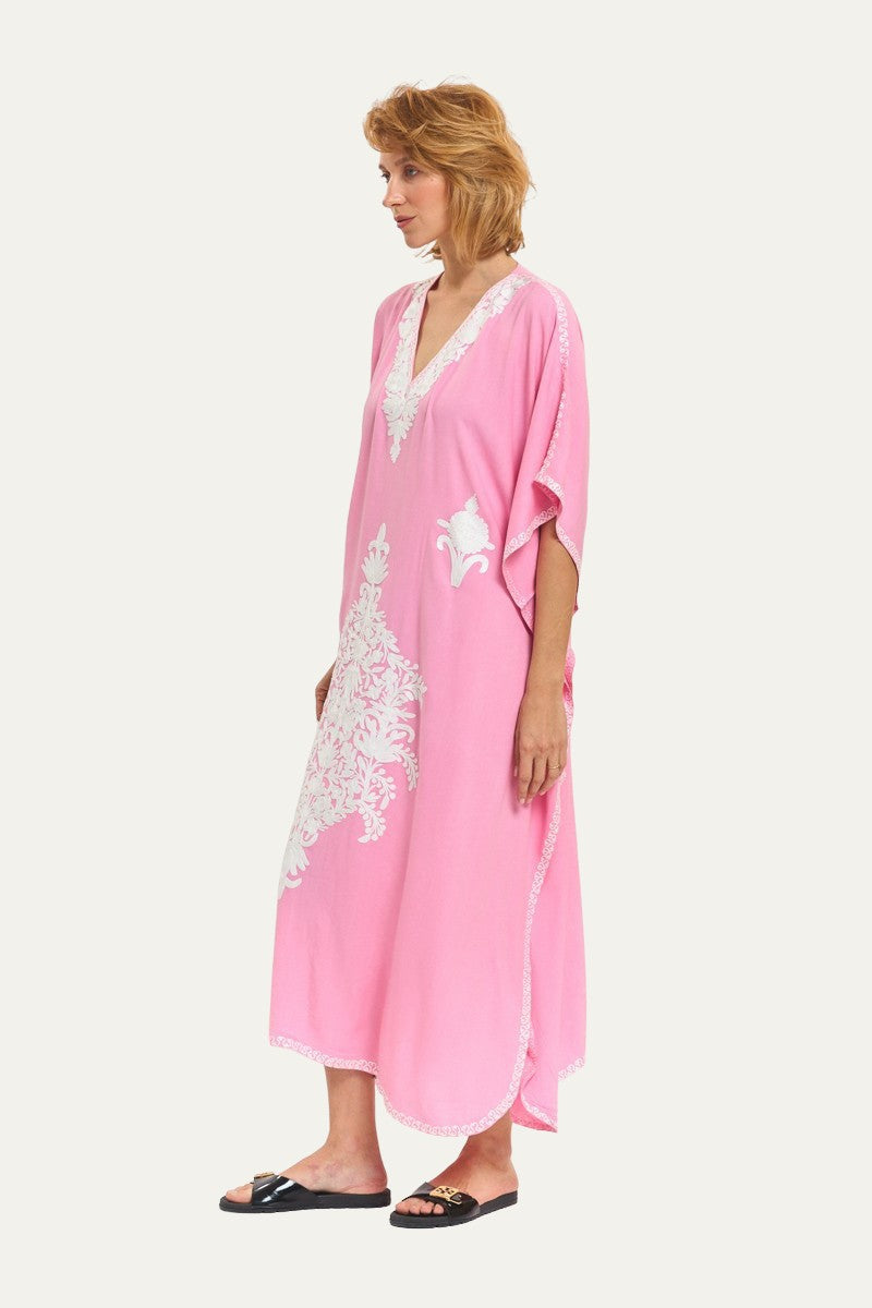 Kashmir Cotton Butterfly Pink Kaftan