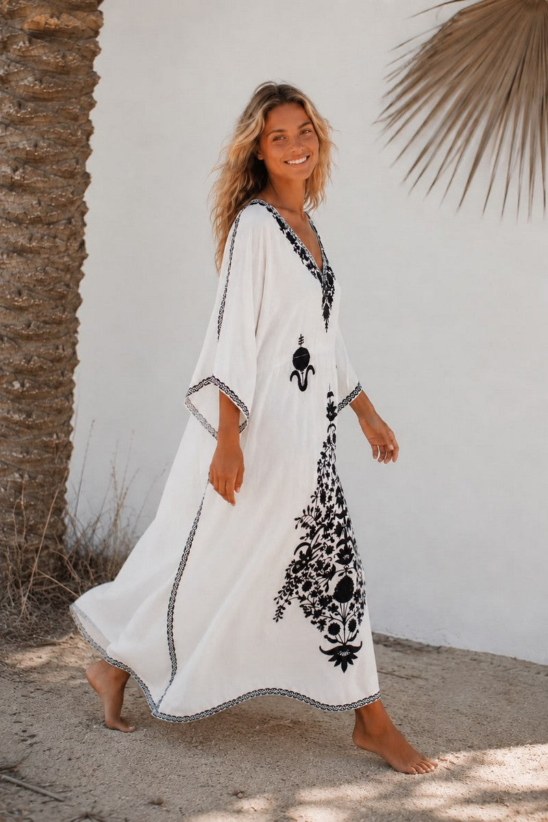 Kashmir Cotton Butterfly Kaftan White & Black