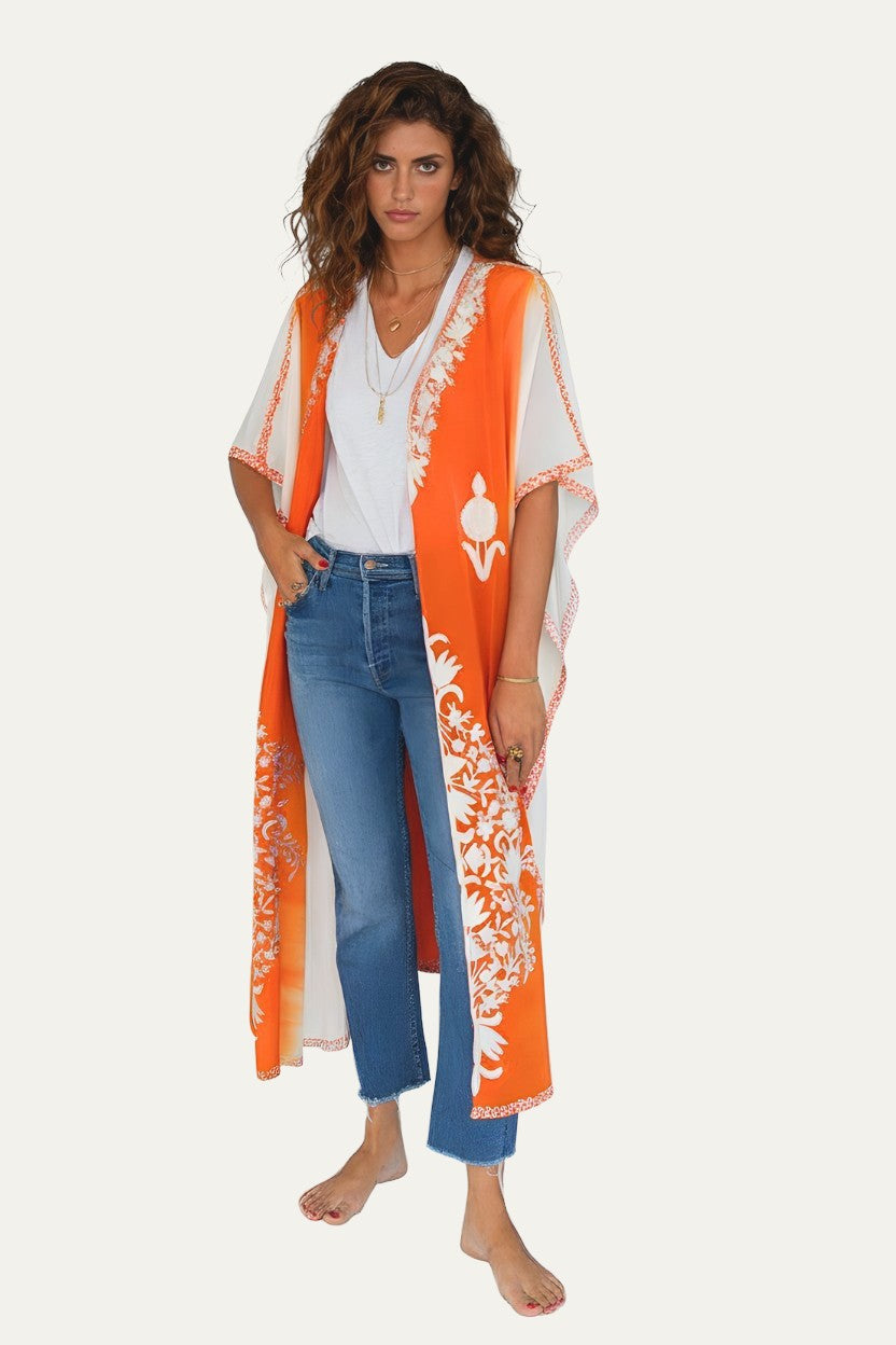 Silk Embroidery Kimono Orange