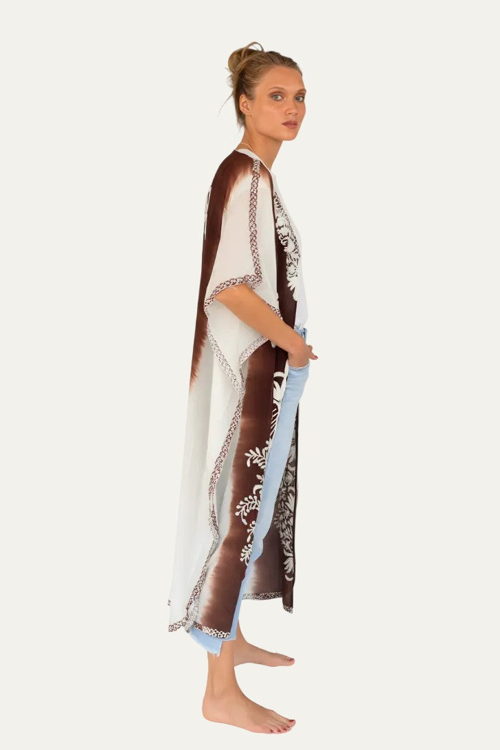 Silk Embroidery Kimono Brown