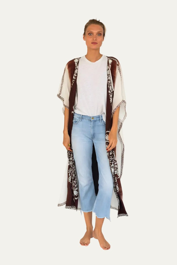 Silk Embroidery Kimono Brown