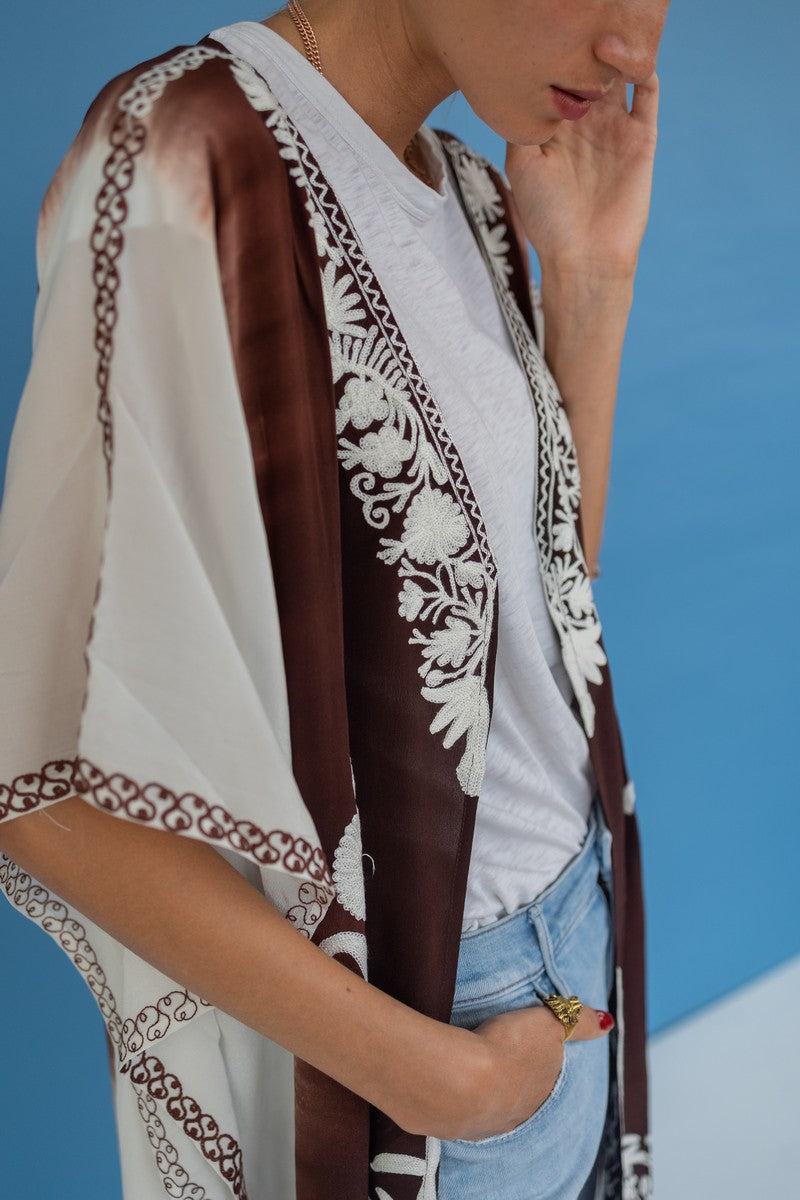 Silk Embroidery Kimono Brown