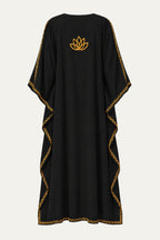 Back of the black and mustard Kashmir cotton kaftan showing the embroidered lotus motif