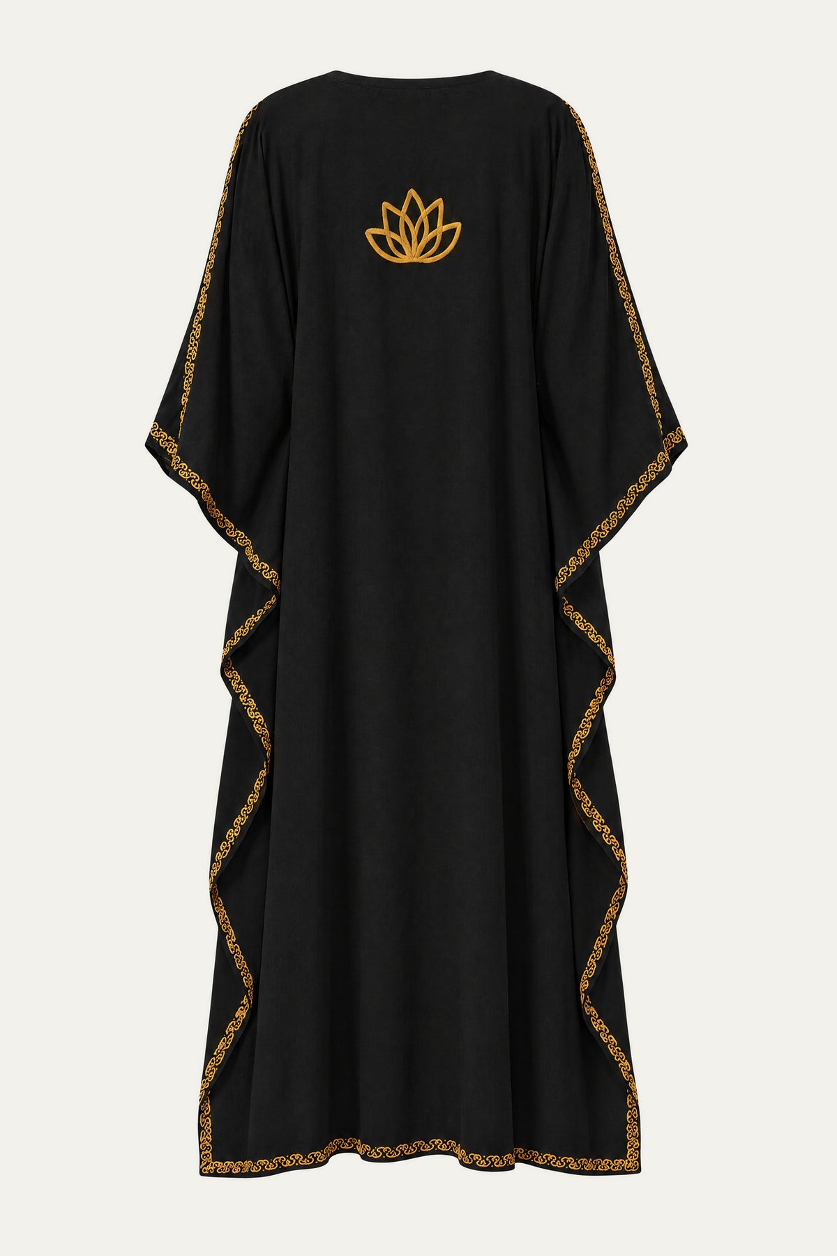 Back of the black and mustard Kashmir cotton kaftan showing the embroidered lotus motif
