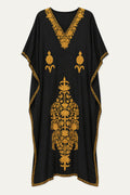Kashmir Cotton Butterfly kaftan in black with mustard hand embroidery, front view