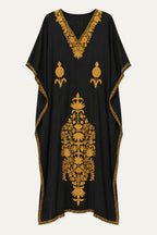 Kashmir Cotton Butterfly kaftan in black with mustard hand embroidery, front view