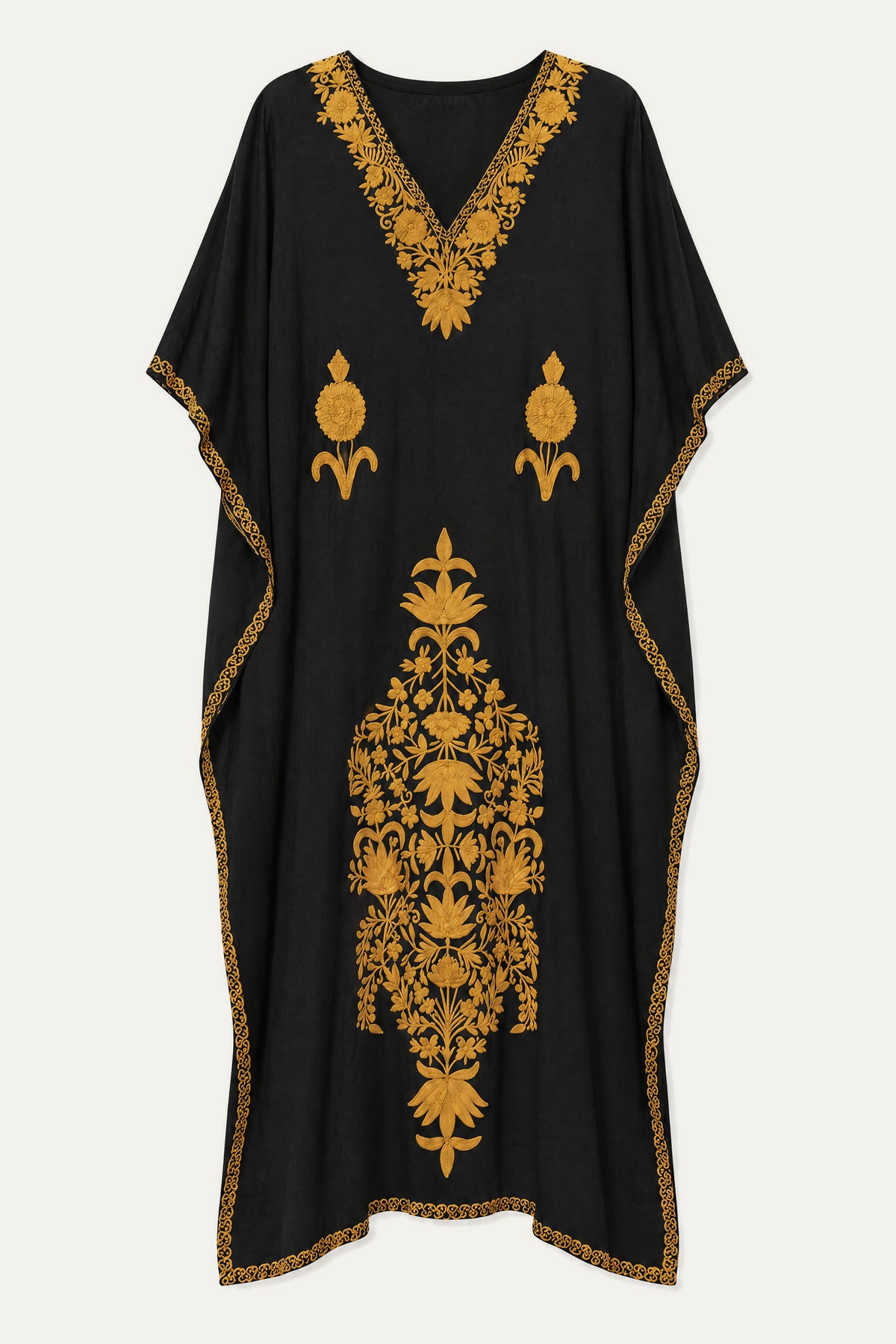 Kashmir Cotton Butterfly kaftan in black with mustard hand embroidery, front view