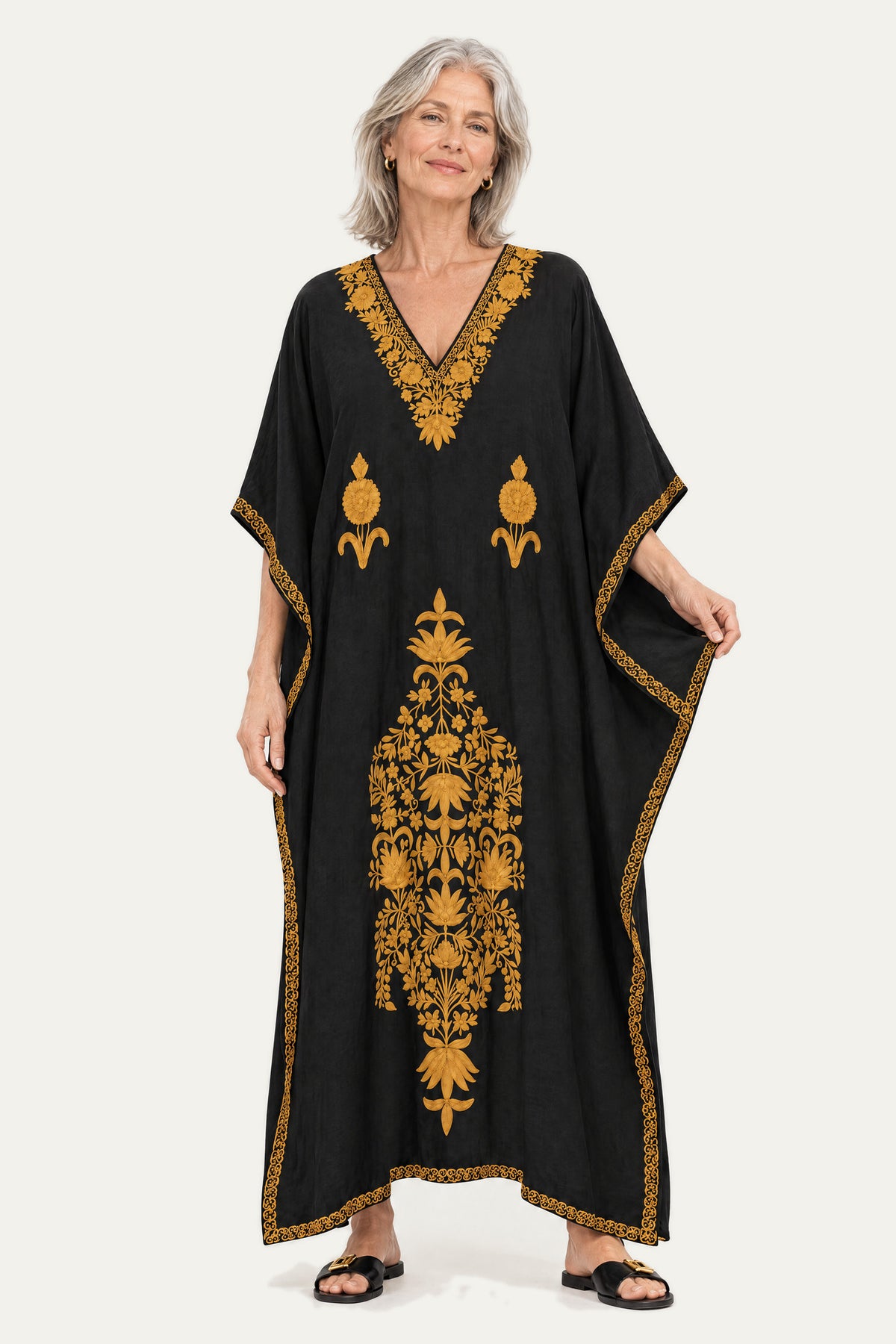 Model wearing the black and mustard Kashmir cotton butterfly kaftan, front view