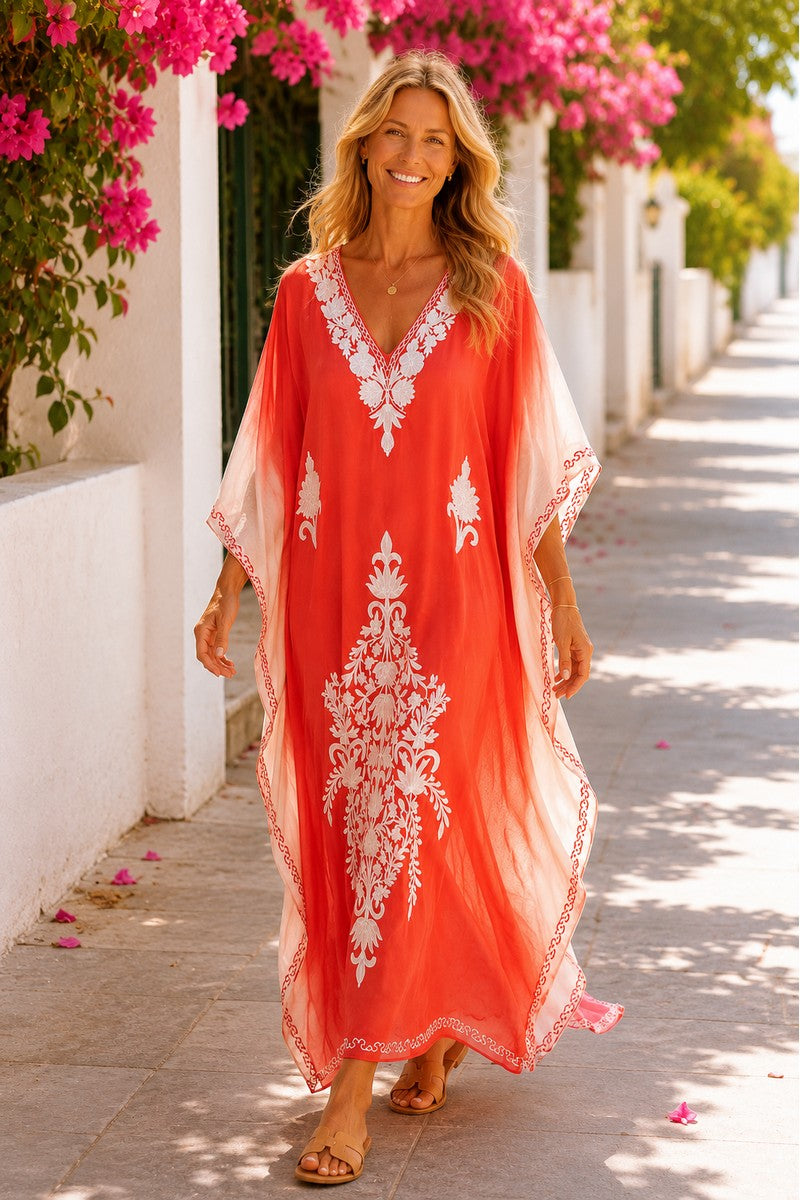 Kashmir Silk Butterfly Coral Kaftan